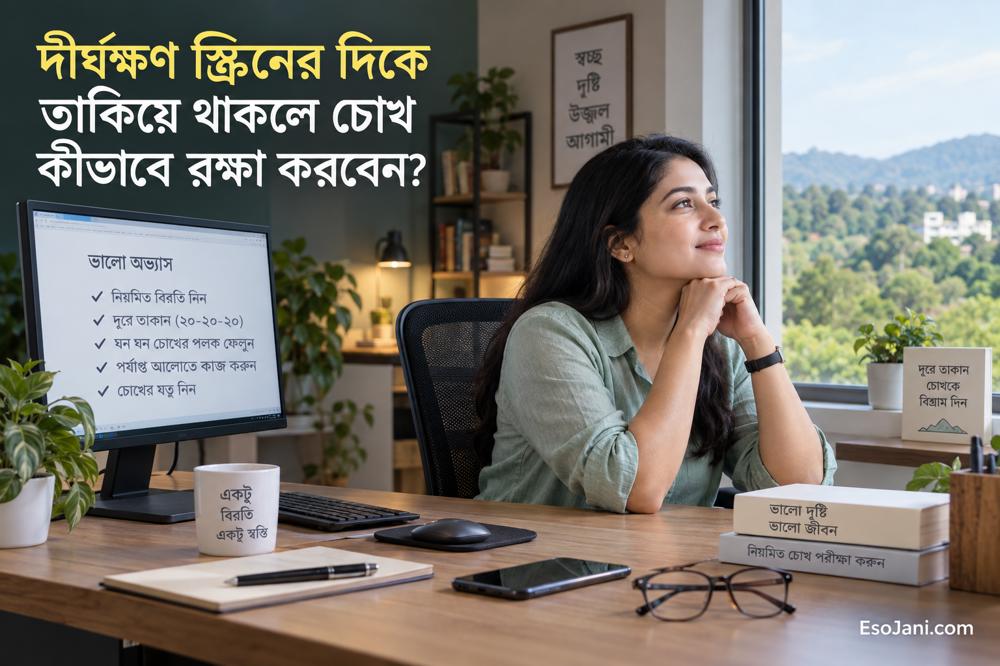 দীর্ঘক্ষণ স্ক্রিনের দিকে তাকিয়ে থাকলে চোখ কীভাবে রক্ষা করবেন? চোখের ক্লান্তি কমানোর কার্যকর উপায়