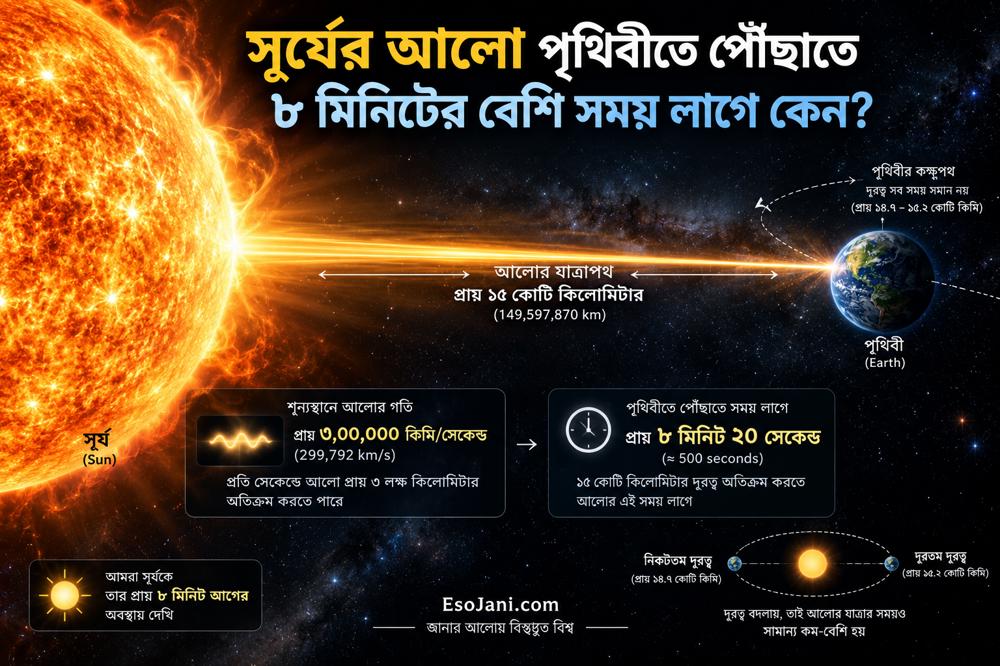 সূর্যের আলো পৃথিবীতে পৌঁছাতে ৮ মিনিটের বেশি সময় লাগে কেন? আলোর গতি ও মহাকাশের দূরত্বের বিজ্ঞান