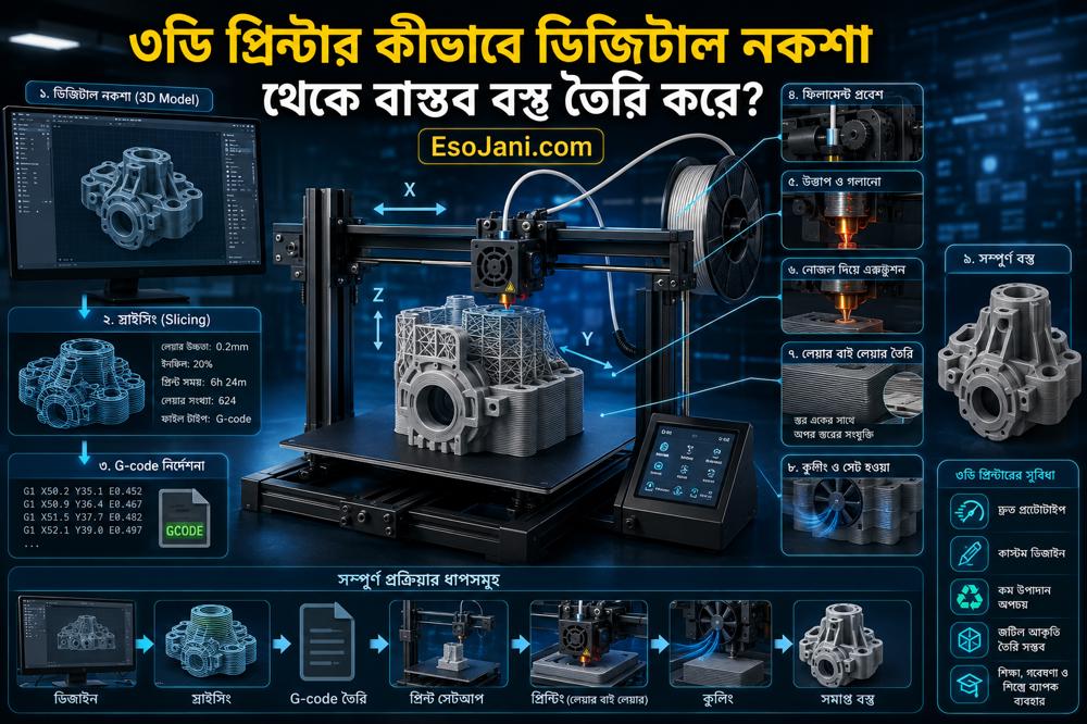 ৩ডি প্রিন্টার কীভাবে ডিজিটাল নকশা থেকে বাস্তব বস্তু তৈরি করে? প্রযুক্তির ভেতরের বিজ্ঞান