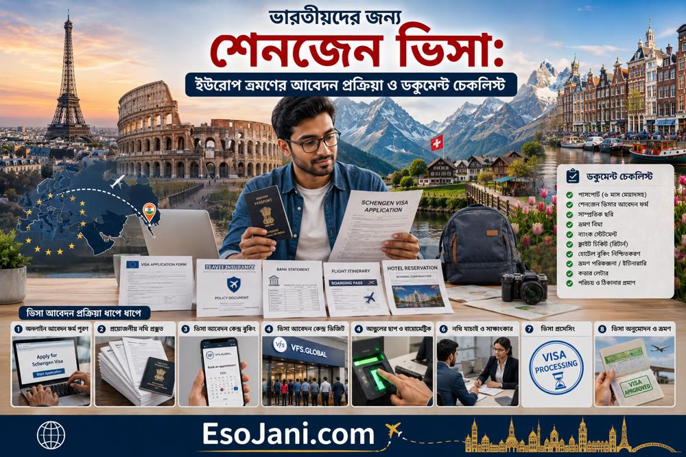 ভারতীয়দের জন্য শেনজেন ভিসা: ইউরোপ ভ্রমণের আবেদন প্রক্রিয়া, খরচ ও সম্পূর্ণ নথিপত্রের তালিকা