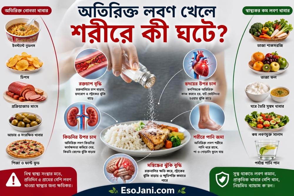 অতিরিক্ত লবণ খেলে শরীরে কী ঘটে? উচ্চ রক্তচাপ, কিডনি ও হৃদ্‌যন্ত্রের ঝুঁকি