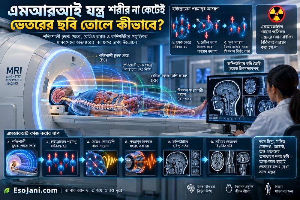 এমআরআই যন্ত্র শরীর না কেটেই ভেতরের ছবি তোলে কীভাবে? চুম্বক, বেতার তরঙ্গ ও হাইড্রোজেন পরমাণুর বিস্ময়কর বিজ্ঞান