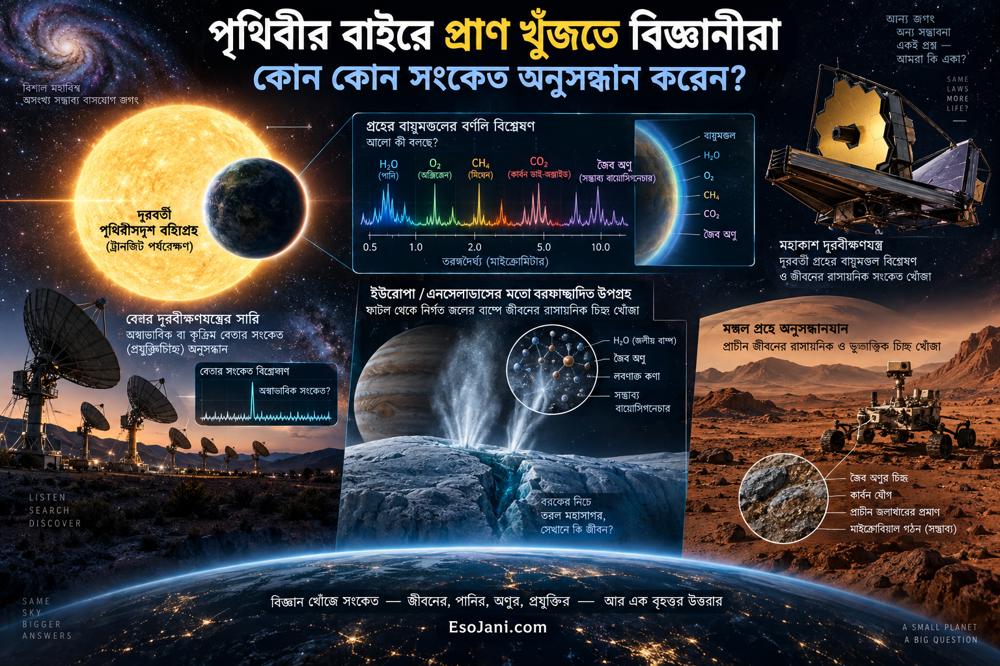 পৃথিবীর বাইরে প্রাণ খুঁজতে বিজ্ঞানীরা কোন কোন সংকেত অনুসন্ধান করেন?