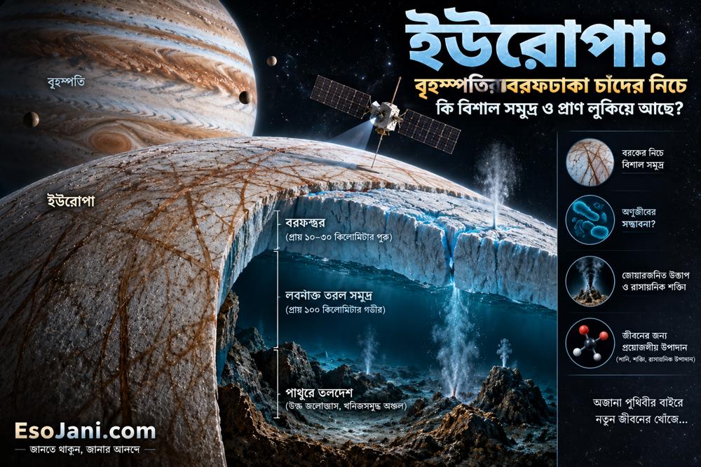 ইউরোপা: বৃহস্পতির বরফঢাকা চাঁদের নিচে কি বিশাল সমুদ্র ও প্রাণ লুকিয়ে আছে?