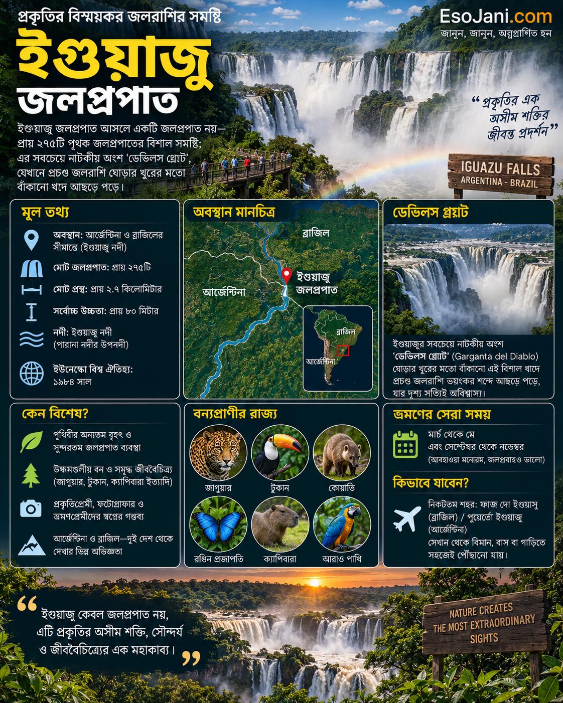 ইগুয়াজু জলপ্রপাত আসলে একটি জলপ্রপাত নয়—প্রায় ২৭৫টি পৃথক জলপ্রপাতের বিশাল সমষ্টি; এর সবচেয়ে নাটকীয় অংশ ‘ডেভিলস থ্রোট’, যেখানে প্রচণ্ড জলরাশি ঘোড়ার খুরের মতো বাঁকানো খাদে আছড়ে পড়ে।