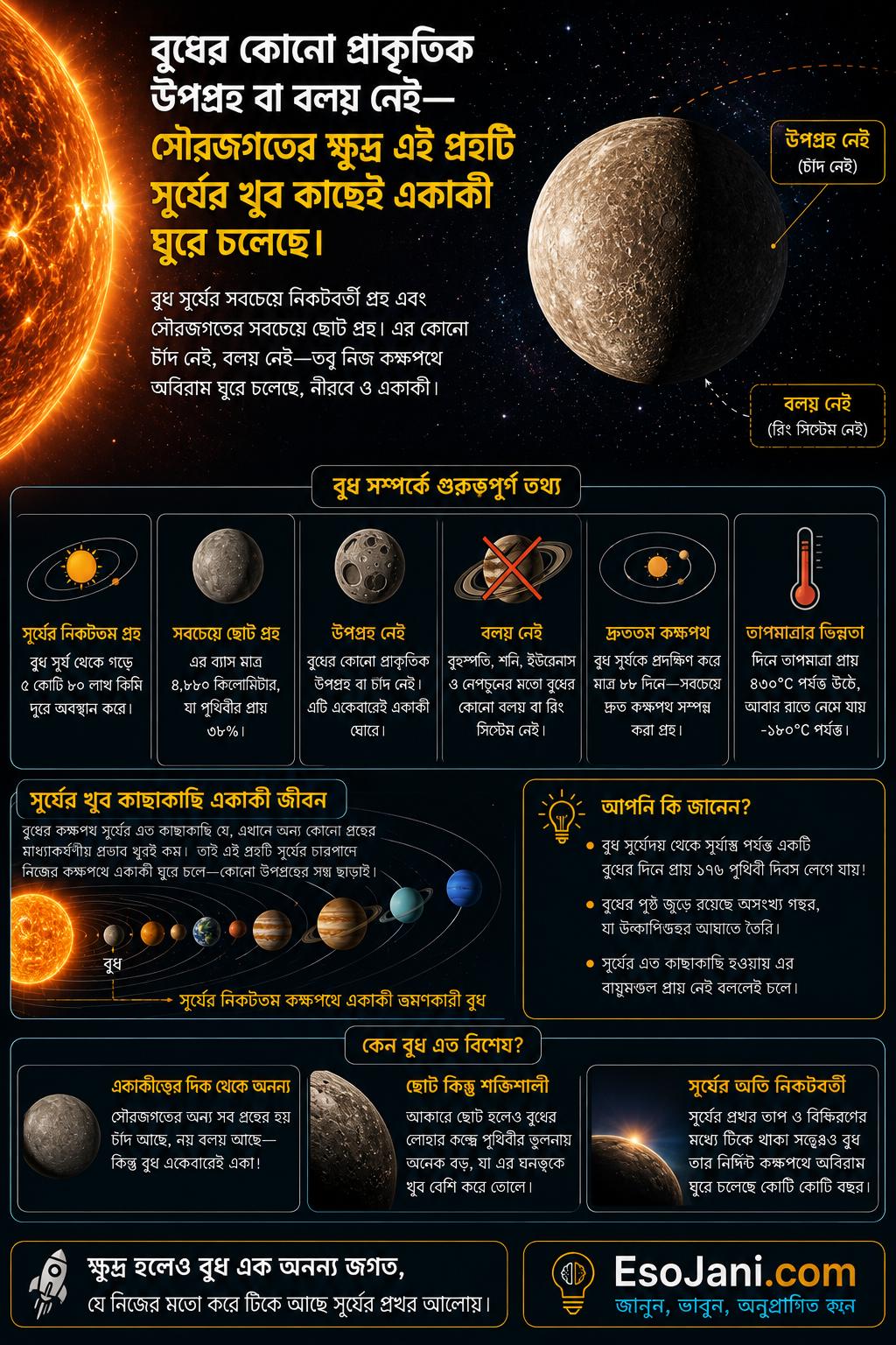 বুধের কোনো প্রাকৃতিক উপগ্রহ বা বলয় নেই—সৌরজগতের ক্ষুদ্র এই গ্রহটি সূর্যের খুব কাছেই একাকী ঘুরে চলেছে।