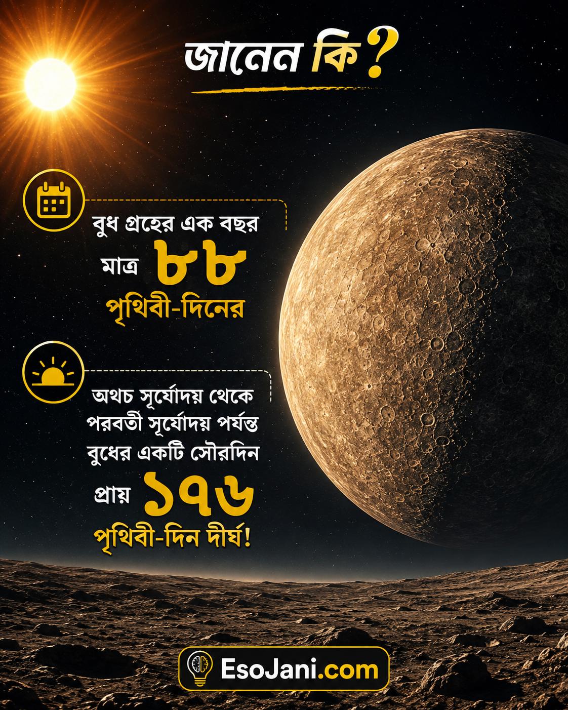বুধ গ্রহের এক বছর মাত্র ৮৮ পৃথিবী-দিনের, অথচ সূর্যোদয় থেকে পরবর্তী সূর্যোদয় পর্যন্ত বুধের একটি সৌরদিন প্রায় ১৭৬ পৃথিবী-দিন দীর্ঘ!